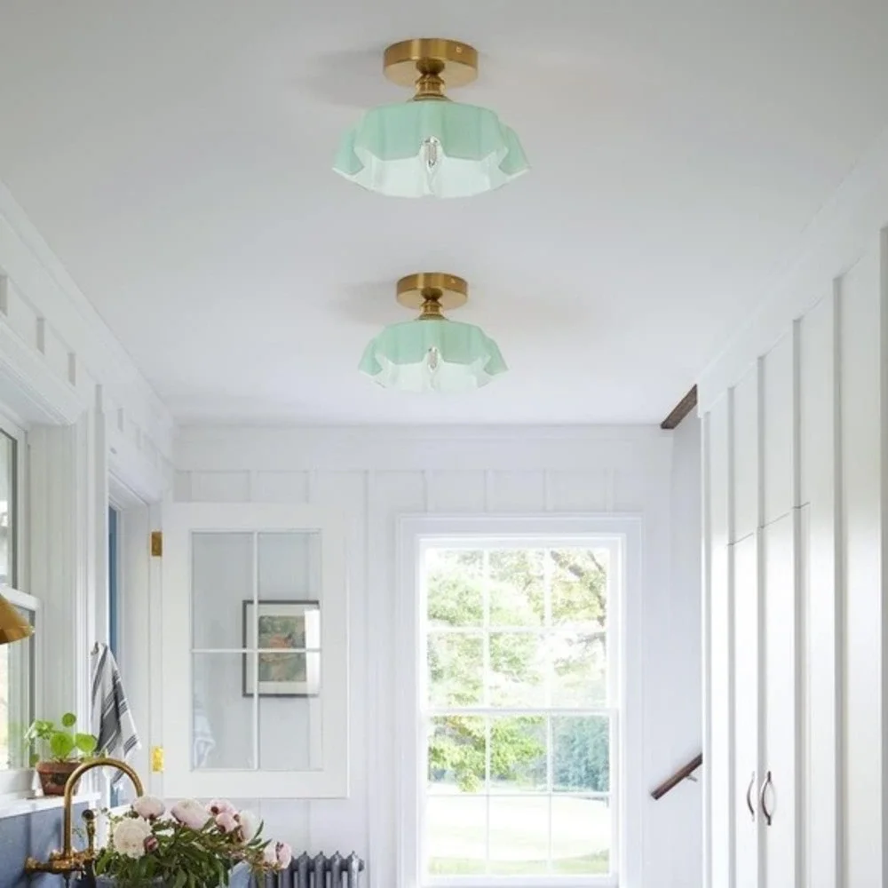 DSMJFU Brass Semi Flush Mount Ceiling Light Green Glass Small Flush Fixture NEW!